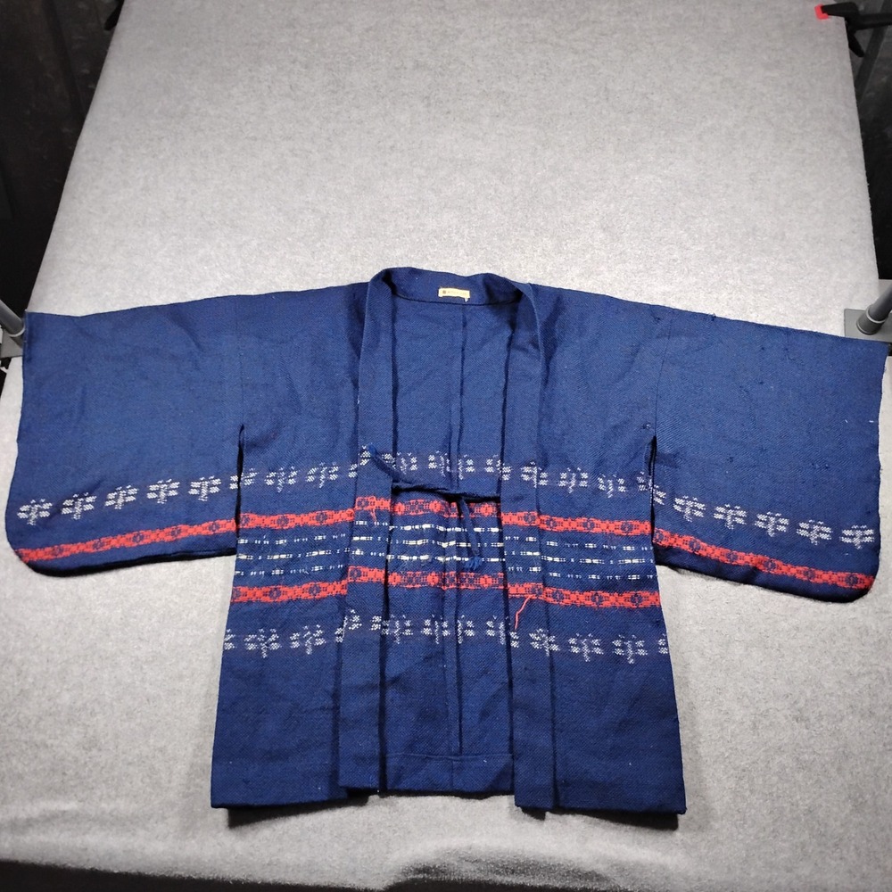 Vintage Mitsukoshi Japanese Kimono Wool Haori Jacket Navy Blue Red Geometric OS